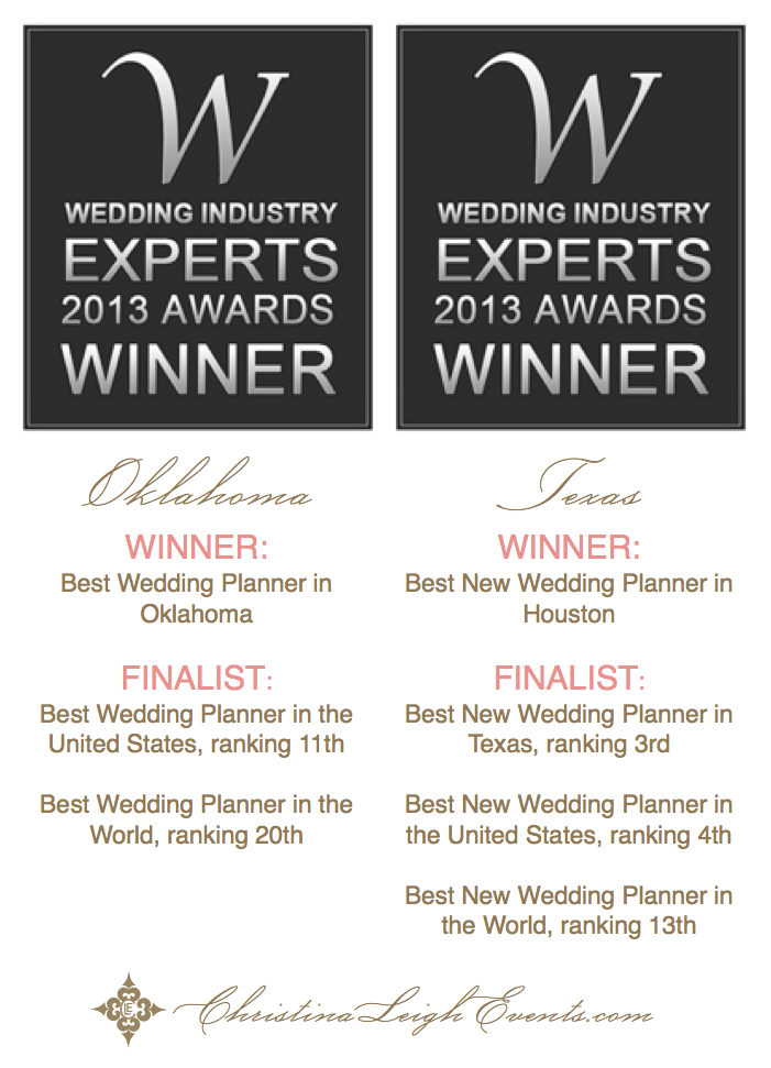 Wedding Industry Expert Awards. Christina Leigh Events.  Best Wedding Planner Oklahoma. best Wedding Planner Houston Texas